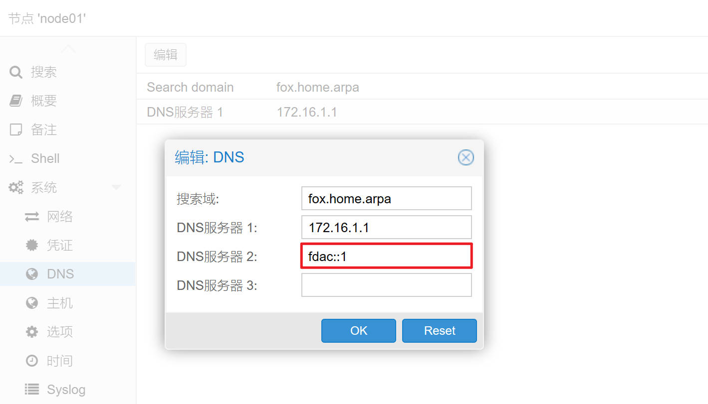 PVE添加IPv6DNS