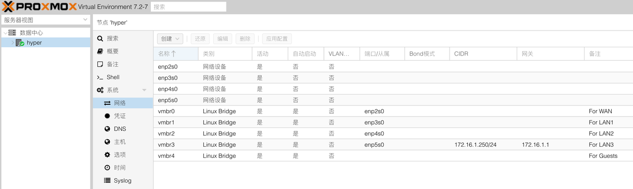 PVE网桥最终设置显示