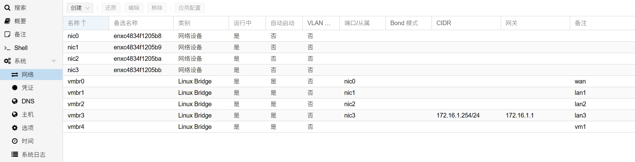 PVE网桥最终设置显示